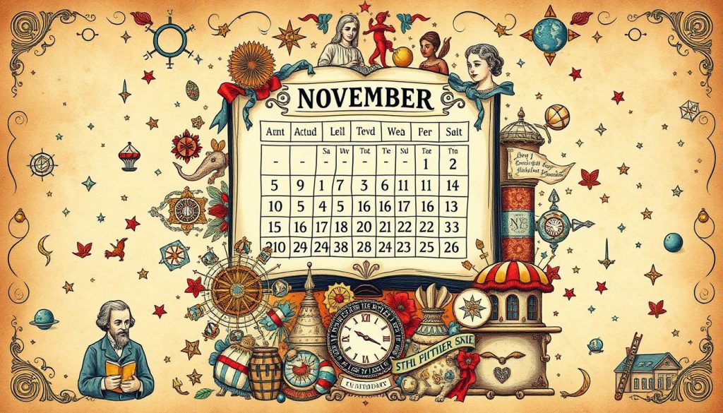 A detailed illustration showcasing the significant events, birthdays, and horoscopes for the day of November 6th. A vibrant, hand-drawn-style composition featuring a central calendar or almanac-like layout, surrounded by intricate iconography and decorative elements. Celestial motifs, astrological symbols, and historical vignettes populate the foreground and background, creating a rich, layered visual tapestry. Warm, earthy tones and soft lighting evoke a nostalgic, scholarly atmosphere, inviting the viewer to explore the day's historical significance and astrological insights. A detailed illustration showcasing the significant events, birthdays, and horoscopes for the day of November 6th. A vibrant, hand-drawn-style composition featuring a central calendar or almanac-like layout, surrounded by intricate iconography and decorative elements. Celestial motifs, astrological symbols, and historical vignettes populate the foreground and background, creating a rich, layered visual tapestry. Warm, earthy tones and soft lighting evoke a nostalgic, scholarly atmosphere, inviting the viewer to explore the day's historical significance and astrological insights.