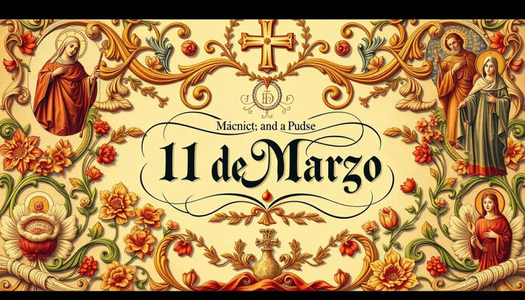 A detailed, lifelike illustration of the Catholic liturgical calendar entry for March 11th, in a classic ornamental style. Prominently featured is an elegant calligraphic rendering of the date "11 de Marzo", surrounded by intricately detailed floral motifs, religious iconography, and symbolic elements associated with the Catholic saints and feast days observed on this date. The composition is bathed in warm, golden light, creating a sense of reverence and timeless tradition. The overall aesthetic evokes the rich visual heritage of Catholic liturgical art, inviting the viewer to immerse themselves in the sacred significance of this specific day within the liturgical calendar. A detailed, lifelike illustration of the Catholic liturgical calendar entry for March 11th, in a classic ornamental style. Prominently featured is an elegant calligraphic rendering of the date "11 de Marzo", surrounded by intricately detailed floral motifs, religious iconography, and symbolic elements associated with the Catholic saints and feast days observed on this date. The composition is bathed in warm, golden light, creating a sense of reverence and timeless tradition. The overall aesthetic evokes the rich visual heritage of Catholic liturgical art, inviting the viewer to immerse themselves in the sacred significance of this specific day within the liturgical calendar.