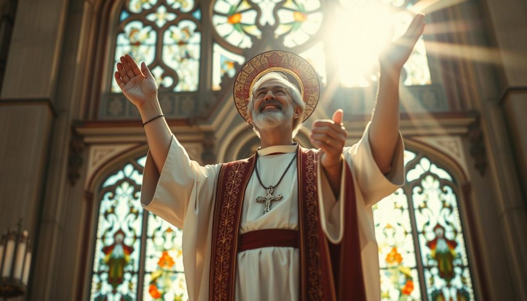 A devout Catholic saint, adorned in a flowing robe and halo, stands before a sunlit church, hands raised in joyful celebration. The ornate stained-glass windows cast a warm, ethereal glow, while the intricate architectural details of the church's facade evoke a sense of reverence and tradition. In the foreground, the saint's expression is one of profound spiritual contentment, conveying the significance and meaning of the day's observance. The scene is captured with a soft, romantic lighting that emphasizes the sacred and reverent atmosphere, inviting the viewer to reflect on the rich history and cultural traditions surrounding this religious celebration. A devout Catholic saint, adorned in a flowing robe and halo, stands before a sunlit church, hands raised in joyful celebration. The ornate stained-glass windows cast a warm, ethereal glow, while the intricate architectural details of the church's facade evoke a sense of reverence and tradition. In the foreground, the saint's expression is one of profound spiritual contentment, conveying the significance and meaning of the day's observance. The scene is captured with a soft, romantic lighting that emphasizes the sacred and reverent atmosphere, inviting the viewer to reflect on the rich history and cultural traditions surrounding this religious celebration.