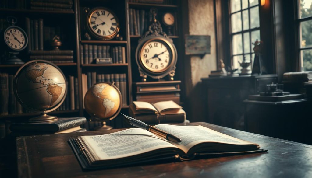 A dimly lit study, filled with antique globes, leather-bound books, and ornate timepieces, illuminates a central table where a quill pen rests beside an open journal. The scene evokes a sense of contemplation and the passage of time, set against a subtly shifting background of muted earth tones and soft, filtered lighting that creates an air of historical significance. The composition should convey the essence of "efemérides mundo" - the historical events and milestones that have shaped the world over the centuries, as if captured in a single, timeless moment. A dimly lit study, filled with antique globes, leather-bound books, and ornate timepieces, illuminates a central table where a quill pen rests beside an open journal. The scene evokes a sense of contemplation and the passage of time, set against a subtly shifting background of muted earth tones and soft, filtered lighting that creates an air of historical significance. The composition should convey the essence of "efemérides mundo" - the historical events and milestones that have shaped the world over the centuries, as if captured in a single, timeless moment.