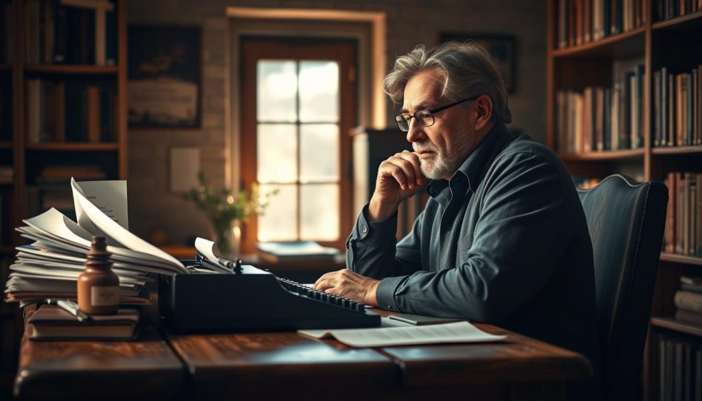 A distinguished writer sits at a rustic wooden desk, deep in contemplation. The warm light from a nearby window illuminates their face, casting shadows that accentuate the thoughtful expression. The desktop is adorned with a vintage typewriter, a stack of neatly organized papers, and a small potted plant, creating a cozy, intellectual atmosphere. Bookshelves line the walls, hinting at the writer's vast knowledge and passion for the written word. The scene evokes a sense of timeless creativity, with the writer poised to craft a masterpiece that will leave a lasting impact on the world.