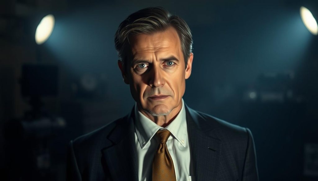 A middle-aged, distinguished-looking man with striking features and a confident demeanor, dressed in a tailored suit and tie, stands in a dimly lit room. Soft, dramatic lighting casts shadows across his face, creating a sense of mystery and intrigue. The background is hazy, with hints of film equipment and cinematic paraphernalia, suggesting a professional setting. The overall atmosphere exudes a sense of artistic vision, creativity, and the power of storytelling, capturing the essence of a celebrated American film director.