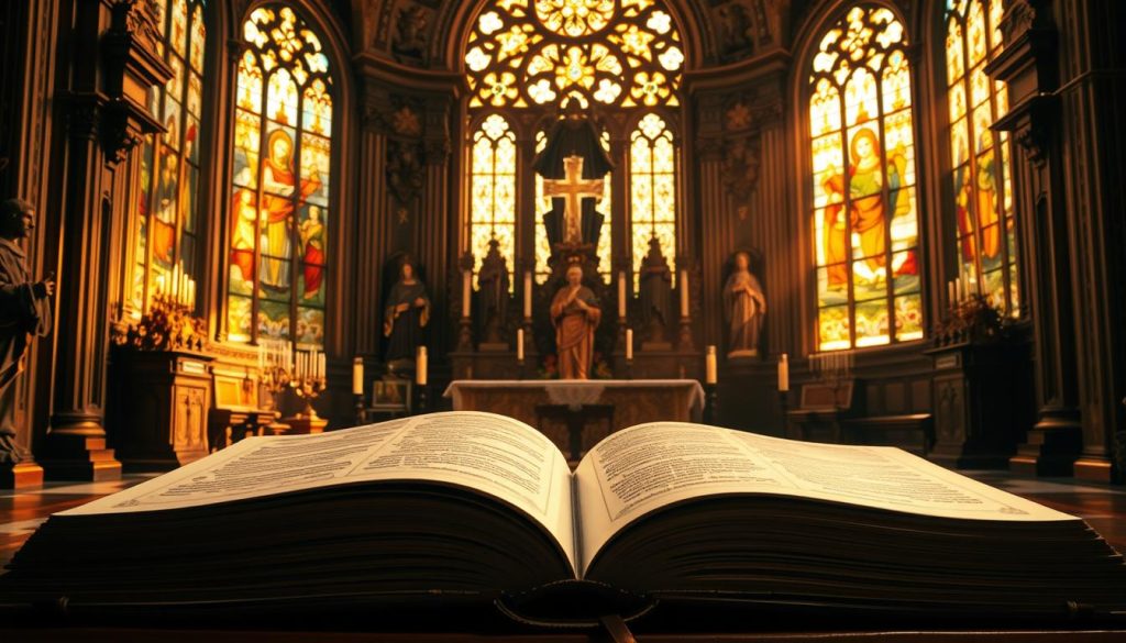 A peaceful, ornate Catholic sanctuary, bathed in warm, golden light filtering through stained glass windows. The altar is adorned with intricate carvings and candles, while statues of saints stand watch. In the foreground, a large, elaborately decorated book lies open, its pages illuminated by the celestial glow. The atmosphere is one of reverence and spirituality, capturing the essence of the Catholic calendar and the celebration of the saints, or "santoral".