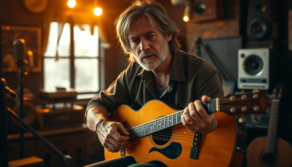A pensive, middle-aged musician holding a classic acoustic guitar, captured in a warm, golden-hour lighting. Strands of salt-and-pepper hair fall over his contemplative gaze as he sits on a weathered wooden stool, fingers tracing the strings with practiced grace. The background is a cozy, dimly lit studio, filled with the rich textures of vintage recording equipment and the faint aroma of pipe tobacco. A sense of introspection and artistry permeates the scene, reflecting the life and legacy of a renowned musical icon. A pensive, middle-aged musician holding a classic acoustic guitar, captured in a warm, golden-hour lighting. Strands of salt-and-pepper hair fall over his contemplative gaze as he sits on a weathered wooden stool, fingers tracing the strings with practiced grace. The background is a cozy, dimly lit studio, filled with the rich textures of vintage recording equipment and the faint aroma of pipe tobacco. A sense of introspection and artistry permeates the scene, reflecting the life and legacy of a renowned musical icon.