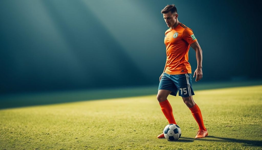 A professional soccer player, known as a "futbolista," stands tall and proud on a lush, verdant pitch. Clad in a vibrant uniform, the athlete's powerful physique radiates athleticism and determination. With the ball deftly maneuvered at their feet, the futbolista's gaze is fixed, laser-focused, as they prepare to make a decisive play. Dramatic lighting casts dramatic shadows, heightening the sense of intensity and drama. The background is softly blurred, drawing the viewer's attention to the central figure, the embodiment of skill, passion, and the spirit of the game.