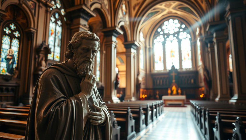 A serene, ornate Catholic church interior with intricate architectural details, stained glass windows, and ornate sculptures of saints. The lighting is warm and diffused, creating a contemplative atmosphere. In the foreground, a sculpted statue of a revered saint, posed in a thoughtful, tranquil expression, bathed in soft, directional light. The background features rows of wooden pews, the altar, and the ornate ceiling, creating a sense of sacred, timeless space. The image conveys the solemnity and reverence associated with the celebration of a saint's feast day.