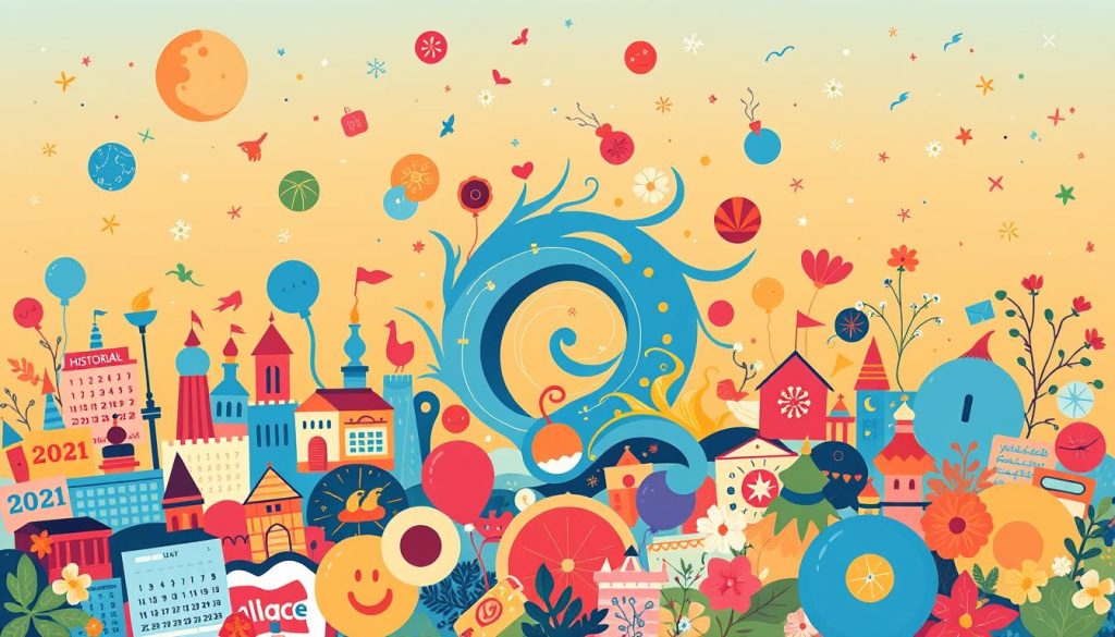 A vibrant and colorful illustration showcasing a variety of historical dates, birthdays, and onomastic celebrations. In the foreground, a collage of stylized icons and symbols representing different calendar events and personal milestones. The middle ground features a dynamic array of swirling shapes and patterns, evoking a sense of motion and discovery. In the background, a subtle gradient of warm hues sets the mood, with delicate floral motifs and celestial elements adding depth and visual interest. The overall composition should convey a festive, celebratory atmosphere, inviting the viewer to participate and contribute their own local ephemerides and onomastic data. A vibrant and colorful illustration showcasing a variety of historical dates, birthdays, and onomastic celebrations. In the foreground, a collage of stylized icons and symbols representing different calendar events and personal milestones. The middle ground features a dynamic array of swirling shapes and patterns, evoking a sense of motion and discovery. In the background, a subtle gradient of warm hues sets the mood, with delicate floral motifs and celestial elements adding depth and visual interest. The overall composition should convey a festive, celebratory atmosphere, inviting the viewer to participate and contribute their own local ephemerides and onomastic data.