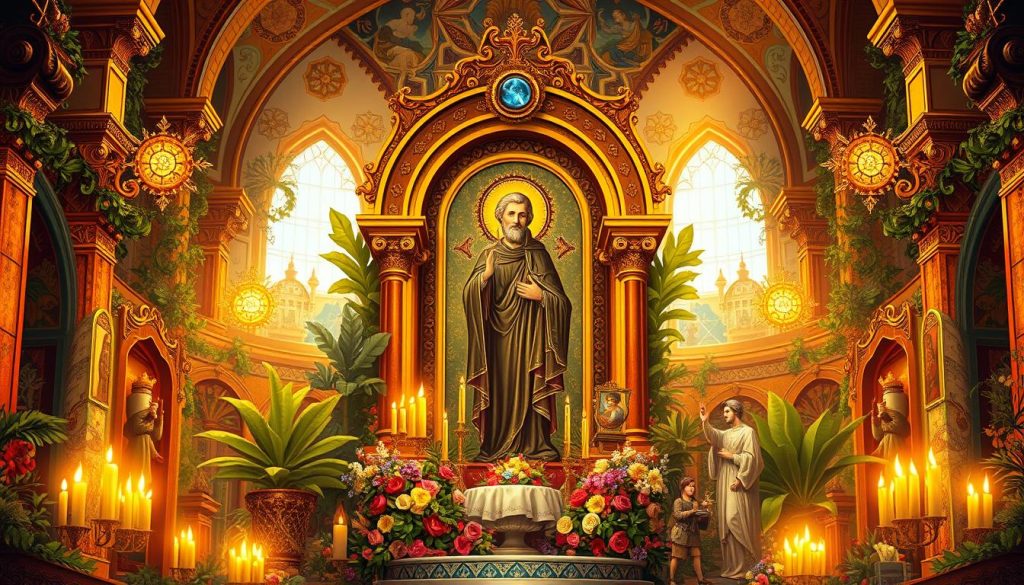 A vibrant and intricate illustration of the "santoral" concept, showcasing a rich tapestry of religious symbolism and cultural heritage. The composition features a central icon-like depiction of a revered saint, surrounded by ornate architectural elements, lush foliage, and glowing celestial motifs. Warm, golden lighting bathes the scene, creating a sense of timeless reverence and spiritual contemplation. The image is rendered with a refined, painterly aesthetic, blending realistic details with a touch of mysticism, reflecting the significance and timelessness of the "santoral" tradition. A vibrant and intricate illustration of the "santoral" concept, showcasing a rich tapestry of religious symbolism and cultural heritage. The composition features a central icon-like depiction of a revered saint, surrounded by ornate architectural elements, lush foliage, and glowing celestial motifs. Warm, golden lighting bathes the scene, creating a sense of timeless reverence and spiritual contemplation. The image is rendered with a refined, painterly aesthetic, blending realistic details with a touch of mysticism, reflecting the significance and timelessness of the "santoral" tradition.