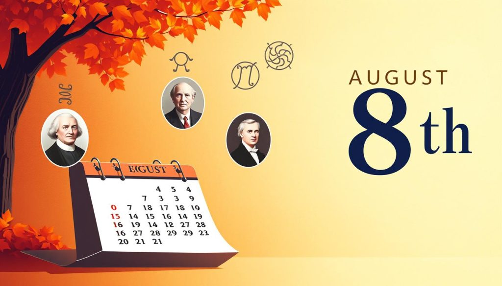 A vibrant, informative illustration showcasing the key events, birthdays, and horoscopes of August 8th. Set against a warm, autumnal backdrop, the foreground features a stylized calendar page with elegant typography. In the middle ground, portraits of notable historical figures and astrological symbols float gracefully. The background is a soft, textured pattern reminiscent of aged parchment, lending an air of timelessness. The lighting is soft and diffused, creating a sense of contemplation and reverence for the day's significance. Composed with a balance of classic elegance and modern design, this image will serve as an engaging visual guide to the events of August 8th. A vibrant, informative illustration showcasing the key events, birthdays, and horoscopes of August 8th. Set against a warm, autumnal backdrop, the foreground features a stylized calendar page with elegant typography. In the middle ground, portraits of notable historical figures and astrological symbols float gracefully. The background is a soft, textured pattern reminiscent of aged parchment, lending an air of timelessness. The lighting is soft and diffused, creating a sense of contemplation and reverence for the day's significance. Composed with a balance of classic elegance and modern design, this image will serve as an engaging visual guide to the events of August 8th.