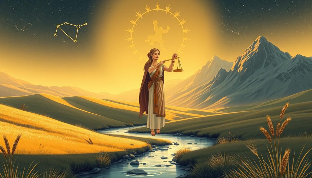 Detailed illustration of the Virgo zodiac sign's astrological influence. A serene landscape with rolling hills and a peaceful stream, bathed in warm, golden light. In the foreground, a figure representing Virgo stands tall, adorned with elegant, earthy robes and holding a scale, symbolizing balance and precision. Surrounding the figure, symbolic elements like wheat sheaves, scrolls, and celestial motifs create an atmosphere of wisdom, diligence, and connection to the natural world. The middle ground features a starry night sky with the Virgo constellation prominently displayed. In the background, a majestic mountain range casts long shadows, adding a sense of grandeur and timelessness to the scene. Soft, diffused lighting and a muted color palette evoke a contemplative, introspective mood. Detailed illustration of the Virgo zodiac sign's astrological influence. A serene landscape with rolling hills and a peaceful stream, bathed in warm, golden light. In the foreground, a figure representing Virgo stands tall, adorned with elegant, earthy robes and holding a scale, symbolizing balance and precision. Surrounding the figure, symbolic elements like wheat sheaves, scrolls, and celestial motifs create an atmosphere of wisdom, diligence, and connection to the natural world. The middle ground features a starry night sky with the Virgo constellation prominently displayed. In the background, a majestic mountain range casts long shadows, adding a sense of grandeur and timelessness to the scene. Soft, diffused lighting and a muted color palette evoke a contemplative, introspective mood.