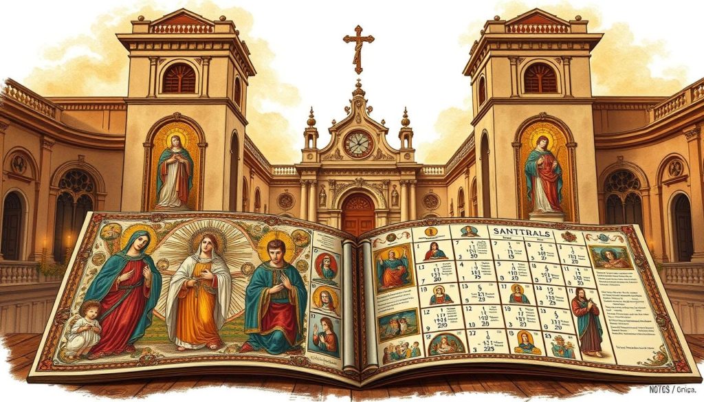 a detailed illustration of a santoral, a traditional religious calendar or almanac used in Latin American countries, depicting various Catholic saints and their feast days. The santoral should be shown in the foreground, with intricate religious imagery and ornate decorative elements. The middle ground should feature a detailed historical backdrop, such as a traditional church or monastery setting, with architectural elements and religious symbols. The background should convey a sense of spirituality and reverence, with warm, soft lighting and a serene, atmospheric quality. a detailed illustration of a santoral, a traditional religious calendar or almanac used in Latin American countries, depicting various Catholic saints and their feast days. The santoral should be shown in the foreground, with intricate religious imagery and ornate decorative elements. The middle ground should feature a detailed historical backdrop, such as a traditional church or monastery setting, with architectural elements and religious symbols. The background should convey a sense of spirituality and reverence, with warm, soft lighting and a serene, atmospheric quality.