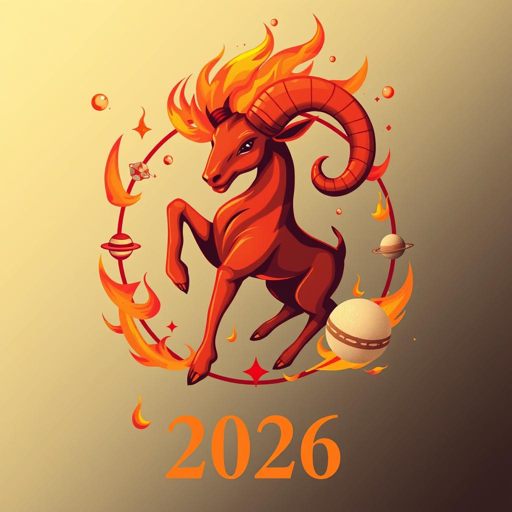 Símbolo de Aries con elementos de fuego y energía para el horóscopo 2026