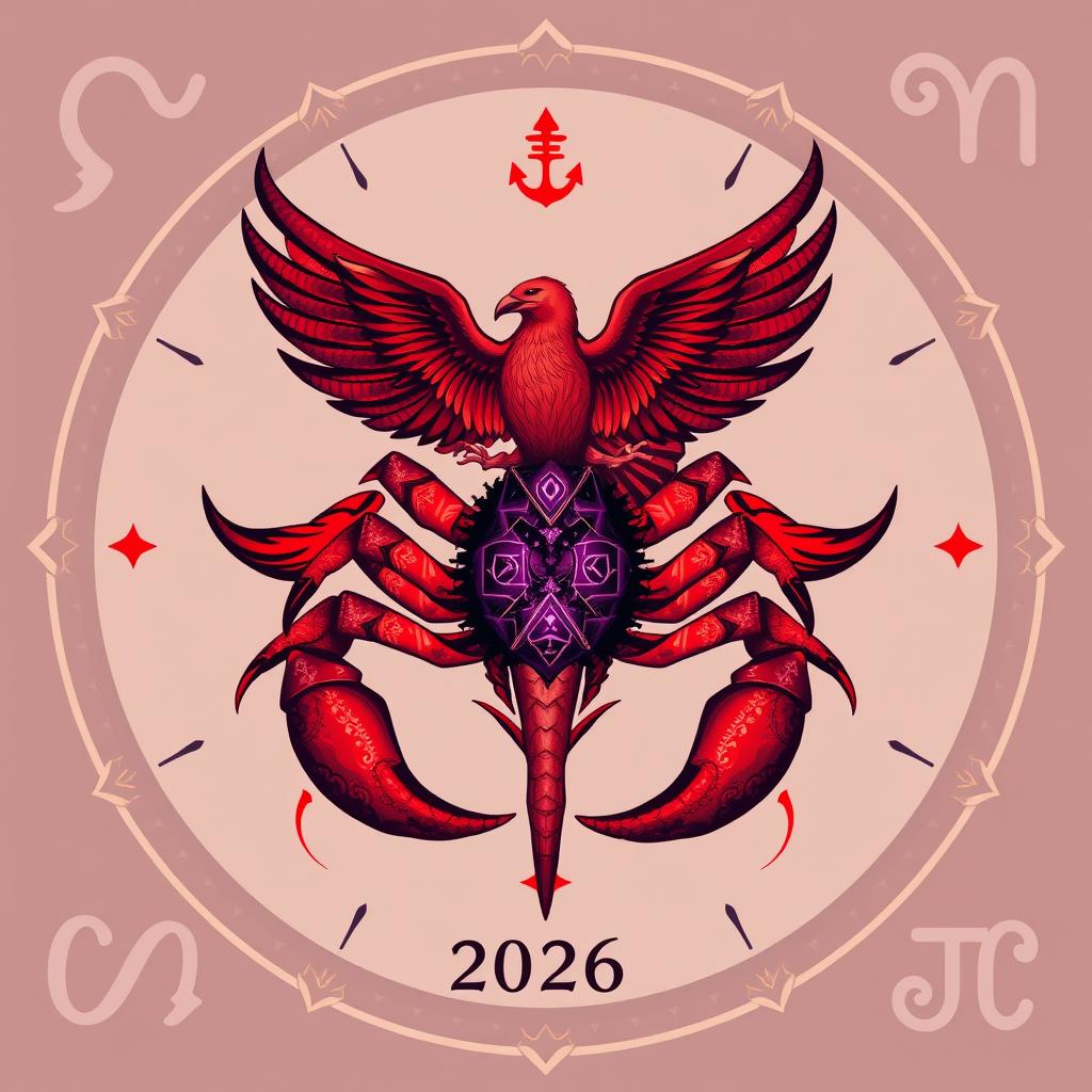 Símbolo de Escorpio con elementos de poder y transformación para el horóscopo 2026